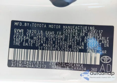 2018 Toyota Corolla Le from USA, damaged, VIN 2T1BURHE9JC969160